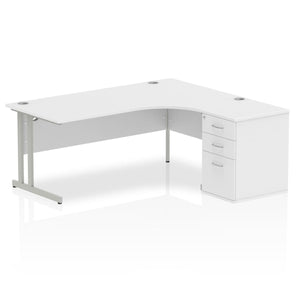 180cm White Office Corner Desk Silver Leg Right Hand