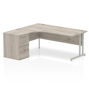 180cm Grey Oak Office Corner Desk Silver Leg Left Hand