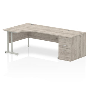 180cm Grey Oak Corner Office Desk Silver Leg Right Hand