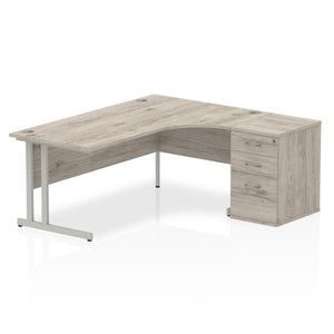 180cm Grey Oak Office Corner Desk Silver Leg Right Hand