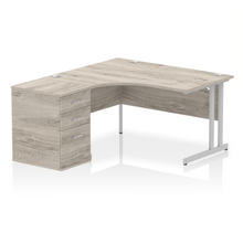 Load image into Gallery viewer, 140cm Grey Oak Home Office Corner Desk Silver Leg Left Hand
