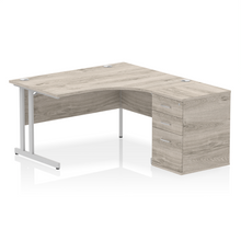 Load image into Gallery viewer, 140cm Grey Oak Corner Desk Home Office Silver Leg Right Hand
